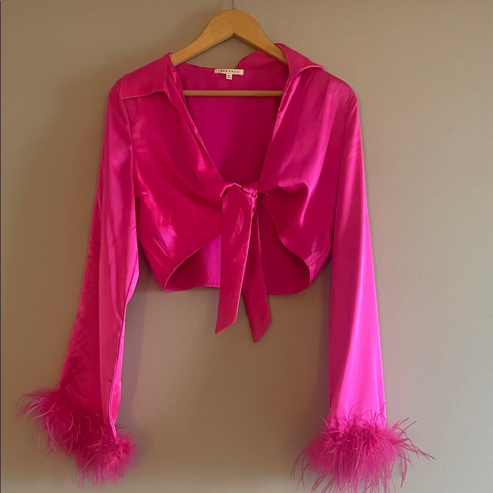 Elegant Fuchsia Feather Cuff Blouse